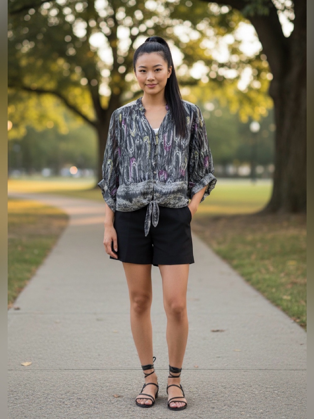 FIG & FLOWER Semi-Sheer Feather Print Blouse